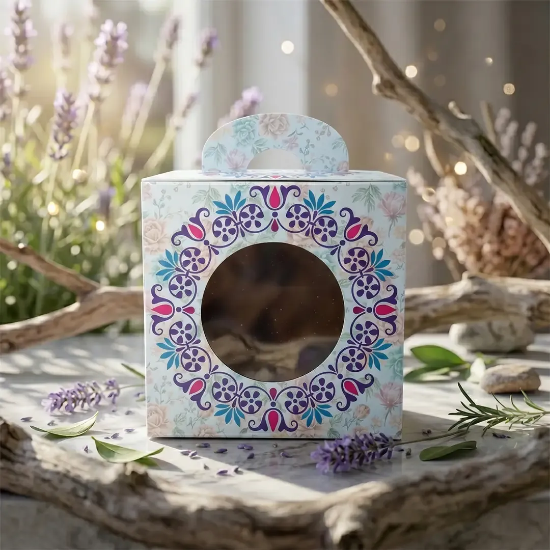 Premium floral handle gift boxes with circular windows for sweets and wedding favors, manufactured by Gift Box Printing in Delhi experts Printel Deziner