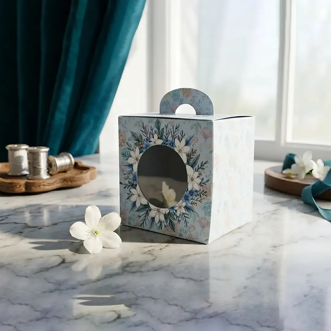 Premium floral handle gift boxes with circular windows for sweets and wedding favors, manufactured by Gift Box Printing in Delhi experts Printel Deziner