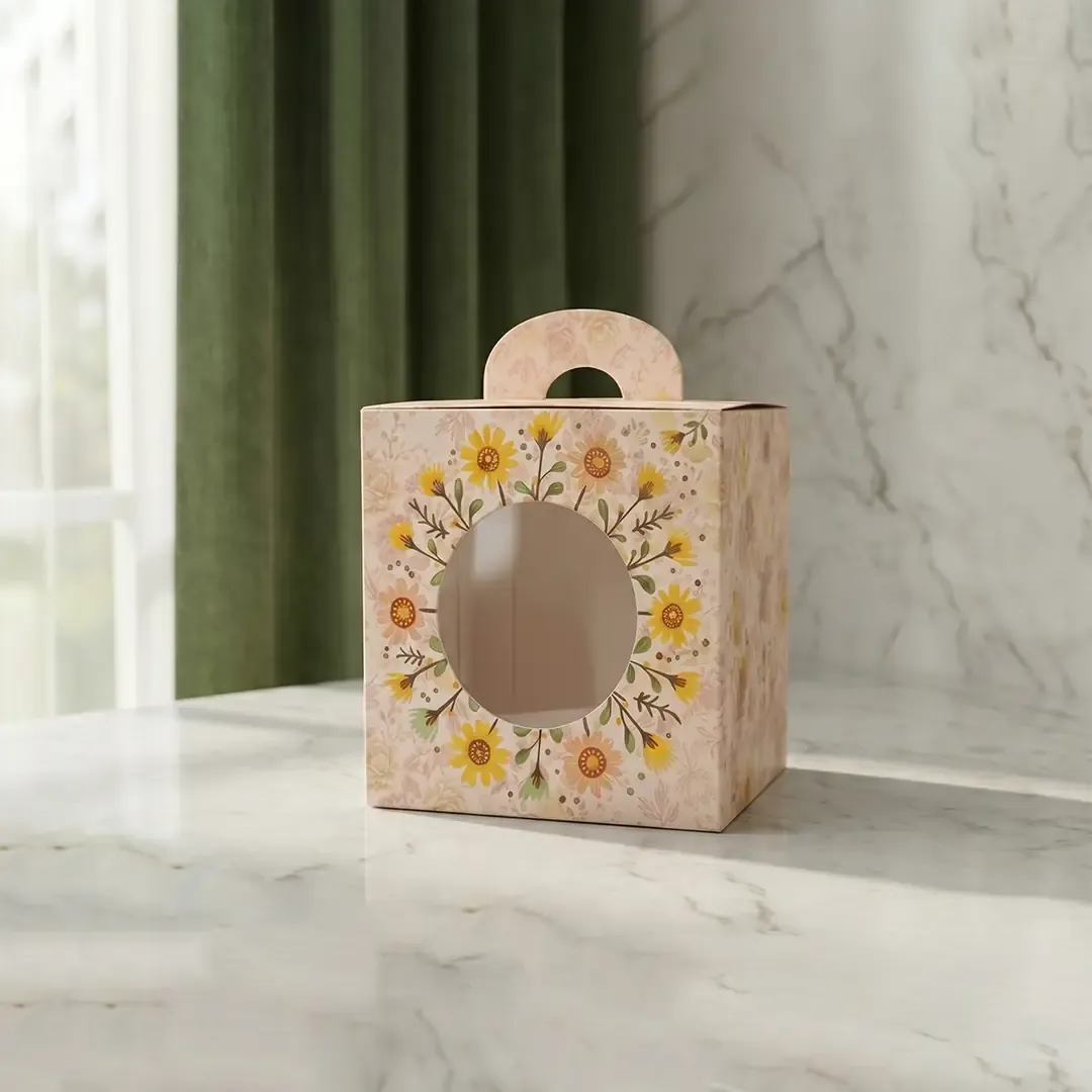 Premium floral handle gift boxes with circular windows for sweets and wedding favors, manufactured by Gift Box Printing in Delhi experts Printel Deziner