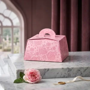 Premium rose-themed handle favor boxes by Gifting Box Manufacturers in Delhi Printel Deziner, available in sky blue, rose pink, yellow, and lavender