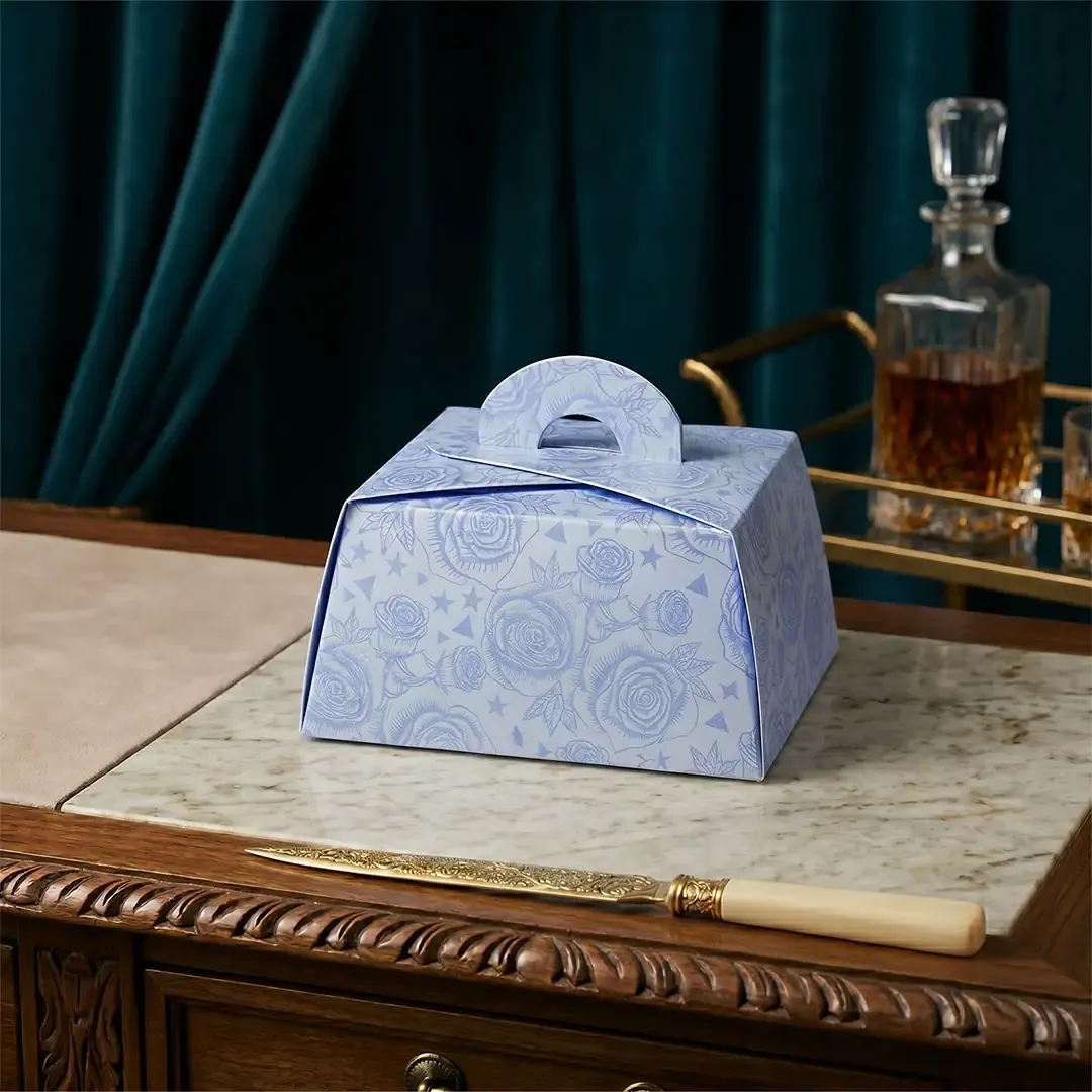 Premium rose-themed handle favor boxes by Gifting Box Manufacturers in Delhi Printel Deziner, available in sky blue, rose pink, yellow, and lavender