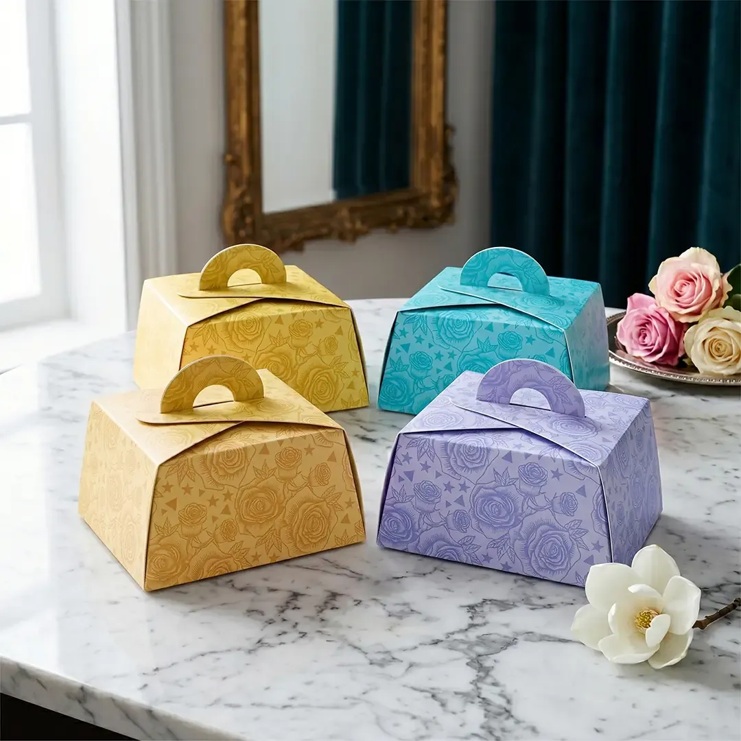 Premium rose-themed handle favor boxes by Gifting Box Manufacturers in Delhi Printel Deziner, available in sky blue, rose pink, yellow, and lavender