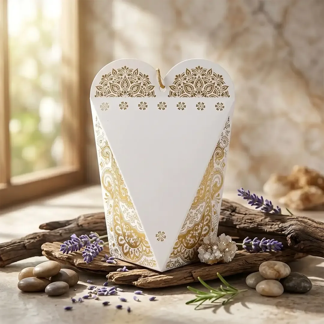Gold Foil Heart Shape Nikah Mubarak Gift Box 2 Premium Gold Foil Nikah Box Printing in Delhi by Printel Deziner featuring white heart-shape favor boxes with gold stamped Qubool Hai calligraphy and floral filigree