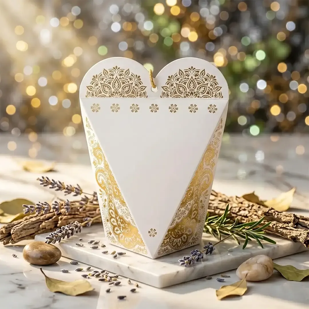 Gold Foil Heart Shape Nikah Mubarak Gift Box 4 Premium Gold Foil Nikah Box Printing in Delhi by Printel Deziner featuring white heart-shape favor boxes with gold stamped Qubool Hai calligraphy and floral filigree