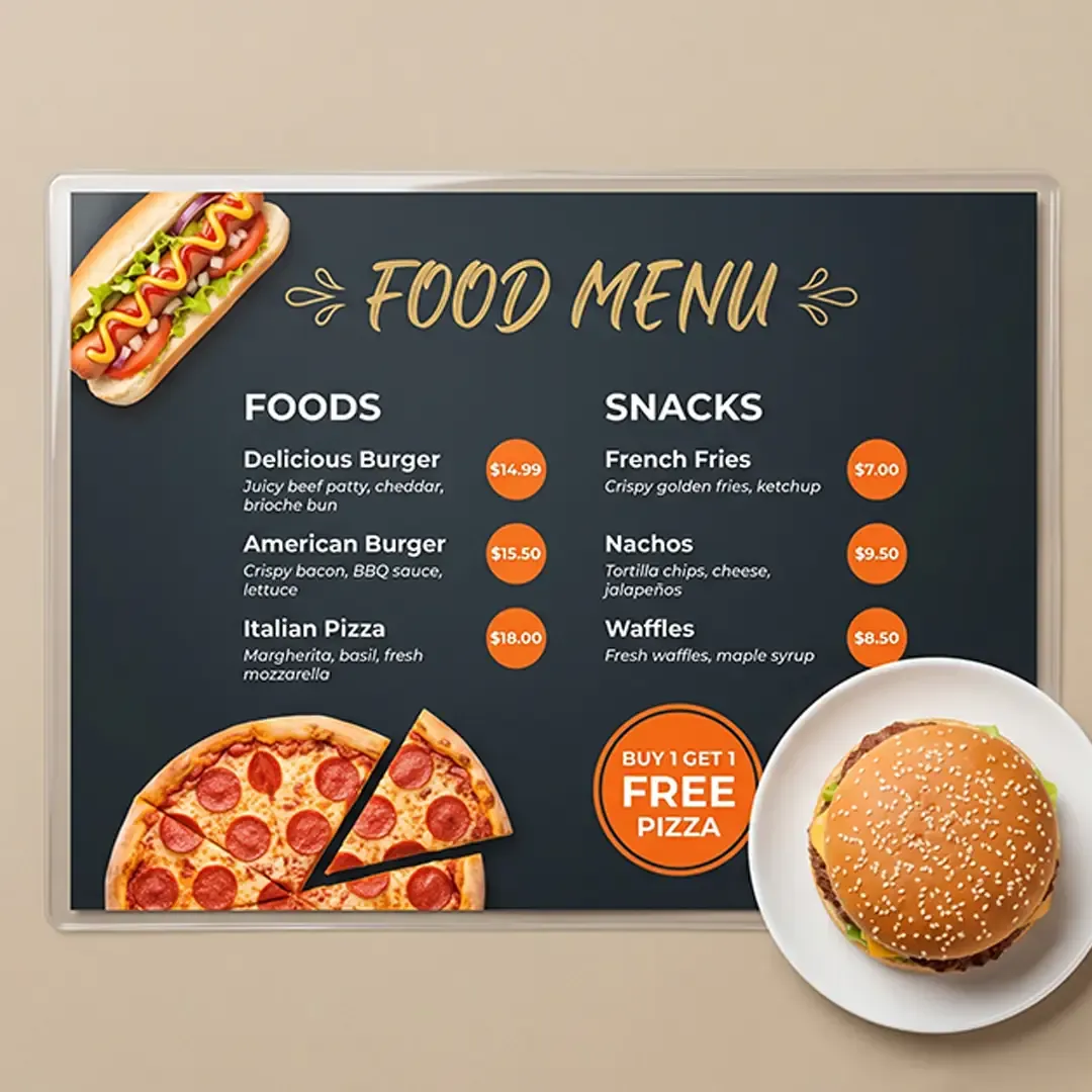 Premium Menu Card Printing in Delhi by Printel Deziner showing custom restaurant menu designs with high-quality food photography and elegant layouts.
