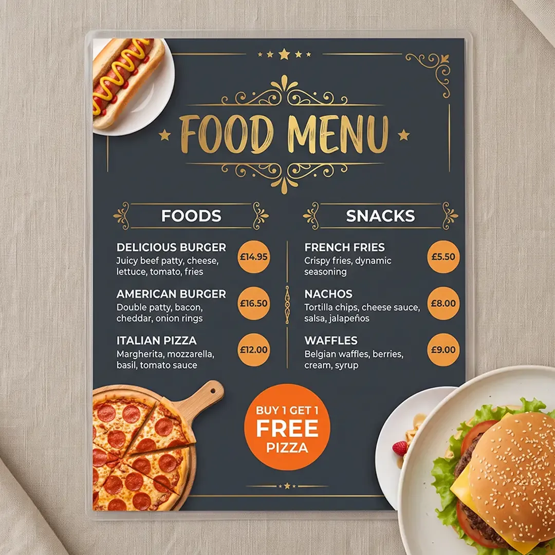 Premium Menu Card Printing in Delhi by Printel Deziner showing custom restaurant menu designs with high-quality food photography and elegant layouts.