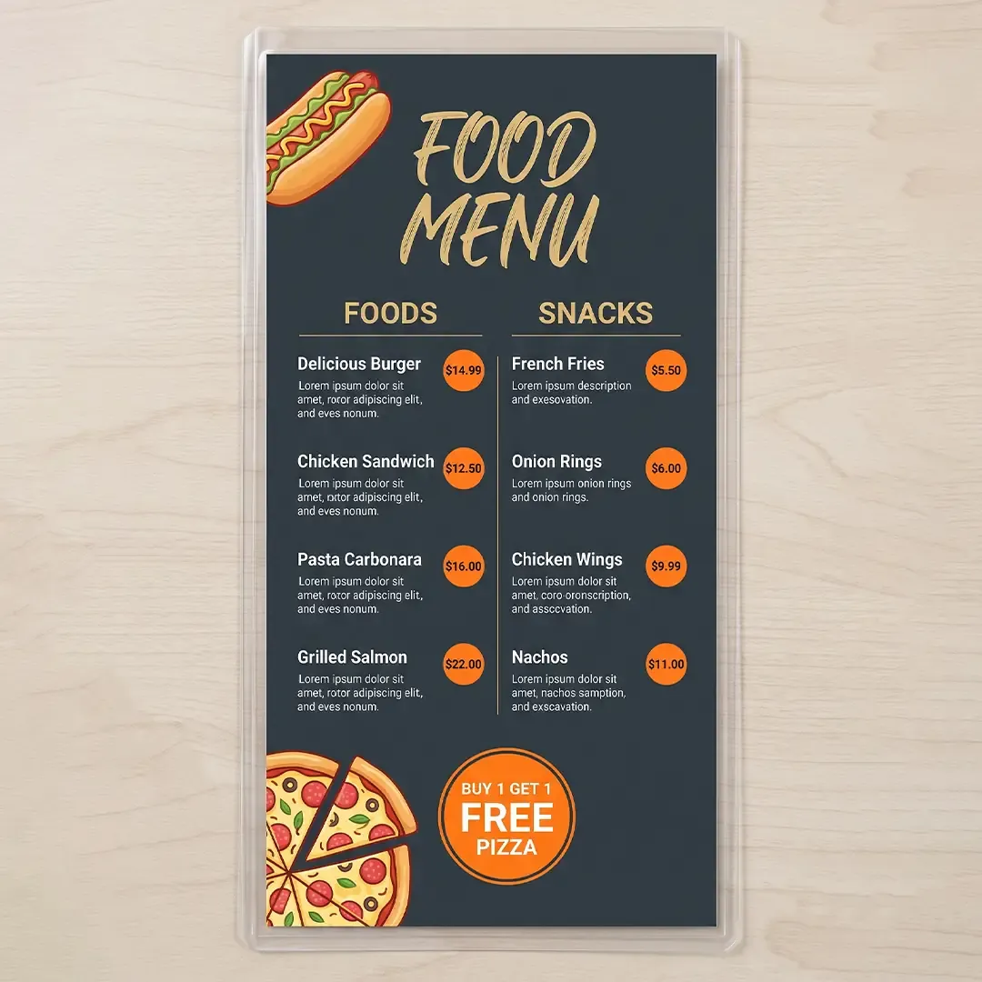 Premium Menu Card Printing in Delhi by Printel Deziner showing custom restaurant menu designs with high-quality food photography and elegant layouts.