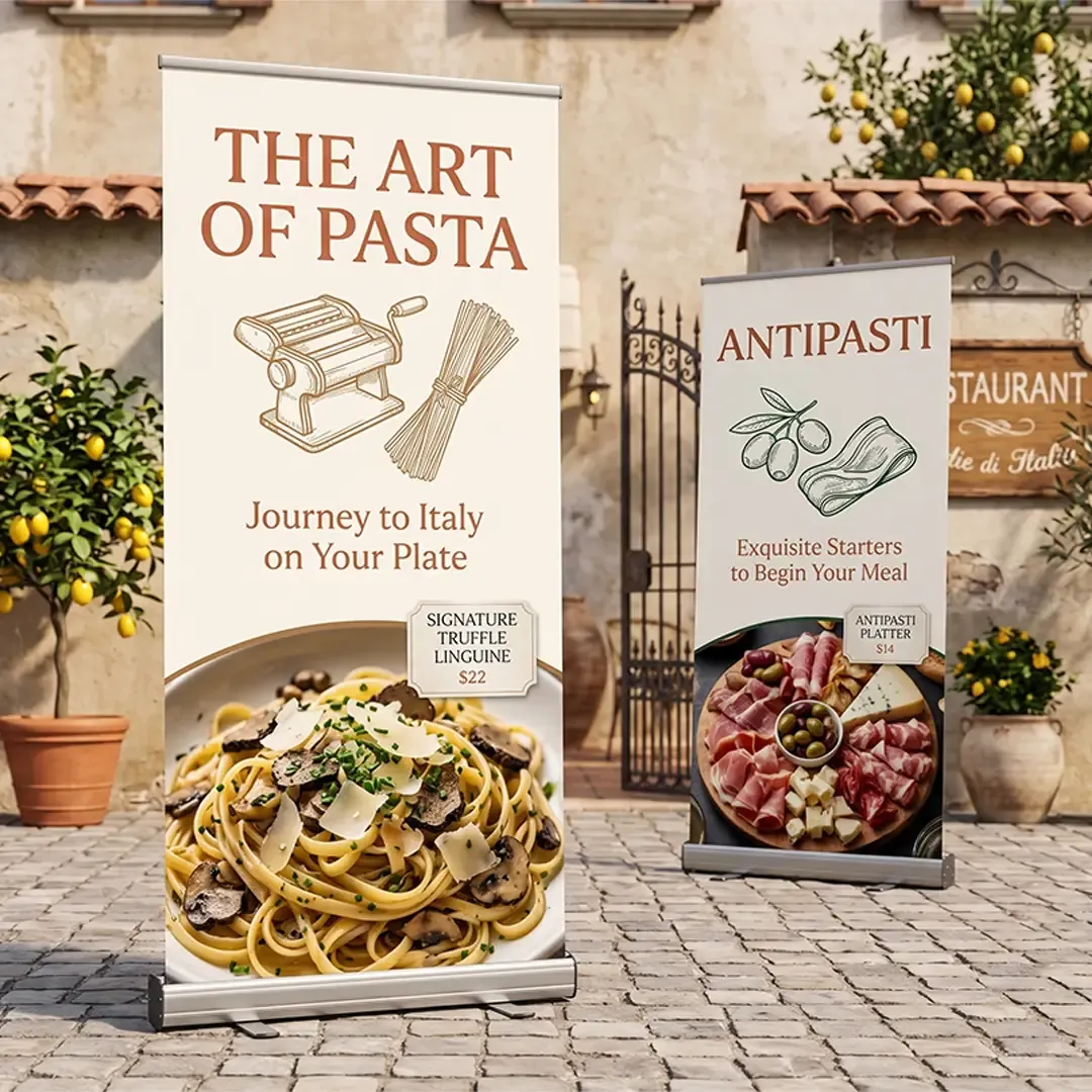 Premium Standee Printing Delhi - High resolution restaurant pasta menu roll-up banner